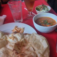 Lunch set with mix vegetable curry, naan, salad, and oolong tea. at Downtown B's - ダウンタウン ビーズ in Tokyo
