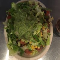 Burrito bowl with sobroso (soya chunks in special marinade), corn salsa, additional guacamole, black beans, brown rice, tomato salsa at Tolteca in Dublin