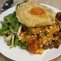 Rice with four choices from the buffet and a fake egg, 95 baht  at So Vegan - Gateway Ekkamai in Bangkok
