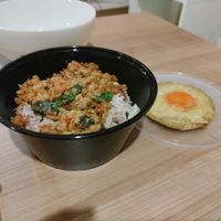 Spicy minced 'pork', rice, and fake egg. Yum at So Vegan - Gateway Ekkamai in Bangkok
