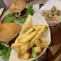 Burger, fries and popcorn mushrooms at So Vegan - Gateway Ekkamai in Bangkok
