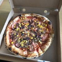 Vegan margharita with vegan ham, caramelised onions, sweet corn and chilli flakes 😍 at Pizza Triangle in Newcastle-under-lyme