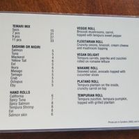 Vegan section on standard menu at Temari Sushi in Willemstad