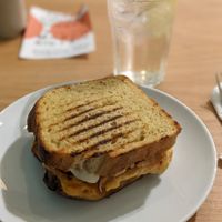 H*m and dijon toastie and Swedish elderflower drink at Dauns in East London