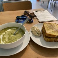 Vegan pea soup + H*M toastie with some extras from the kind chef!  at Dauns in East London