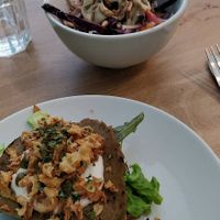 Open seitan sandwich and raw slaw. at Dauns in East London