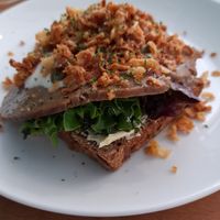 Roast seitan open sandwich at Dauns in East London