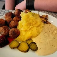 Swedish meatballs and mash with gravy and gherkins at Dauns in East London
