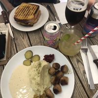 Meatballs with lingonberry & the seitan sausage toastie   at Dauns in East London