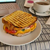 tomato, basil and mozzarella toastie at Dauns in East London