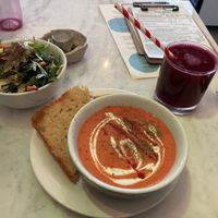 Roasted red pepper soup, side salad, beet/strawberry juice   at Dauns in East London