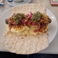 Swedish hotdog with mash & flatbread at Dauns in East London