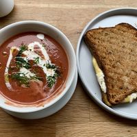 Soup of the day (beetroot) & GF cheese toastie   at Dauns in East London