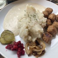Swedish meatballs, mash, creamy gravy, fried onions, gherkins &  lingonberry  at Dauns in East London