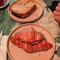 Ham and cheese croissant and garlic mushroom toastie at Dauns in East London
