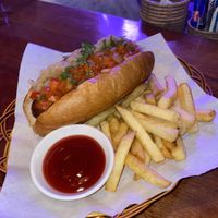 BBQ Falafel dog with fries at Sundown Social Club in Phnom Penh