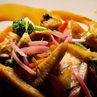 Vegan chicken stir fry   at Passions on the Beach in Oranjestad