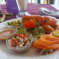 Tayuyos with beans and pickled veggies at Cafe Sabor Cruceño in Santa Cruz La Laguna