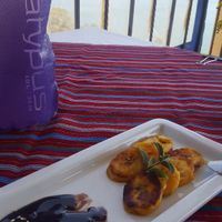 Mole sauce and fried bananas at Cafe Sabor Cruceño in Santa Cruz La Laguna