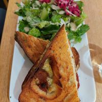 Grilled sandwich with chorizo, sundried tomatoes, cheese, pesto. at Delivore in Stockholm