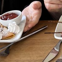 Pancakes and skewers with potato salad  at Delivore in Stockholm