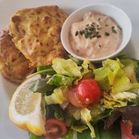 Spanish omelette, it came with a side salad and a chorizo sauce at Delivore in Stockholm