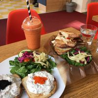 Toast skagen, s*lami sandwich and juice. at Delivore in Stockholm