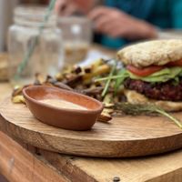 Vegan burger and airfried fries at Cultura Viviente in Pisac