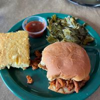 BBQ soy curls sandwich with collard greens and cornbread.  at Black Bear BBQ in Asheville
