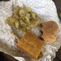 Vegan soy curl sandwich, vegan jalapeño chips, vegan cornbread  at Black Bear BBQ in Asheville