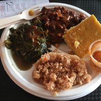 Jackfruit BBQ plate with collard greens, vinegar slaw, and cornbread — all vegan and amazing! I went back for seconds on the collards and cornbread :) at Black Bear BBQ in Asheville