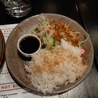 Rice and salad at Hills Dumplings in Helsinki
