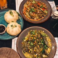 Vegan chijeu dumplings (at the front), vegan satay dumplings (at the back) and the (vegan) baos. at Hills Dumplings in Helsinki