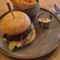 Beyond burger with fries and vegan mayonaise at Ellis Gourmet Burger in Liege