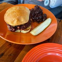 The jack, vegan bbq jackfruit sandwich with a side of vegan baked beans at Yeto's in Biddeford
