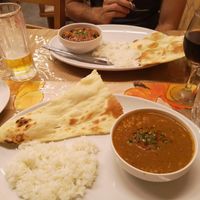 Dahl, aubergine curry, rice & naan (shared between 2)  at Raja in Naha