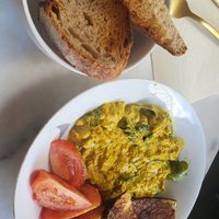 Breakfast bowl. Very good but a bit too salty for us. at L'Alchimiste in Brussels
