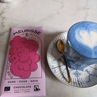 Quinoa chocolate, blue spirulina soy latte at L'Alchimiste in Brussels