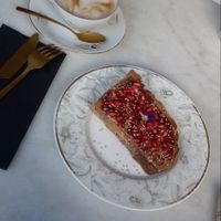 Cappuccino and Toast of the day at L'Alchimiste in Brussels