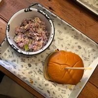 Can't remember which yummy burger this was, but you can see the side of purple slaw at Fat Hippo in Durham
