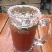 Estrella Red - very refreshing beer cocktail. Loads of chopped up tomatoes, cucumbers and I think mint    at Lxs de Abajo in Zacatecas