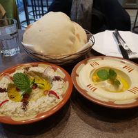 Babaghanoush (left) and hummus (right) with puff bread at Eli Falafel - Jiujiang Rd in Shanghai