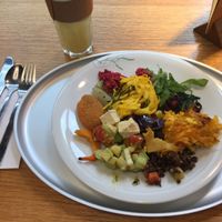 delicious vegetarian food with hot lemon and ginger tea at Tibits in London