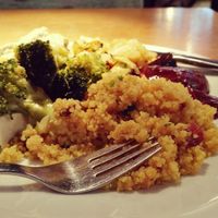 Quinoa with hummus, tofu and vegetables at Tibits in London