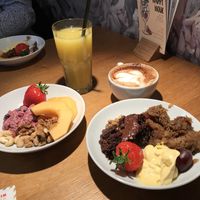 Desserts, juice and coffee at Tibits in London