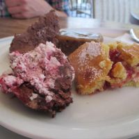 Chocolate Pudding, Toffee Cake, Victoria Sponge Cake and Black Forest Dessert. All vegan.  at Tibits in London