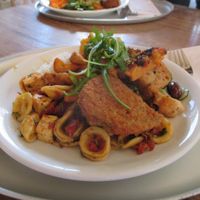 A selection of vegan buffet items. at Tibits in London