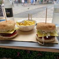 Legumes burgers with tomato, cabbage, and vegan cheese + fried potatoes and an amazing mayo at Mel Vegan Fast Food in Tenerife