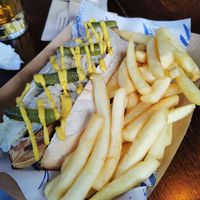 Blonde hotdog. Saurkreut and gherkins. at The Blue Bell in Conwy