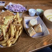 Vegan hotdog with bean chilli, homemade coleslaw, cauliflower and chickpea soup! Wasabi mayo and regular mayo!  at The Blue Bell in Conwy